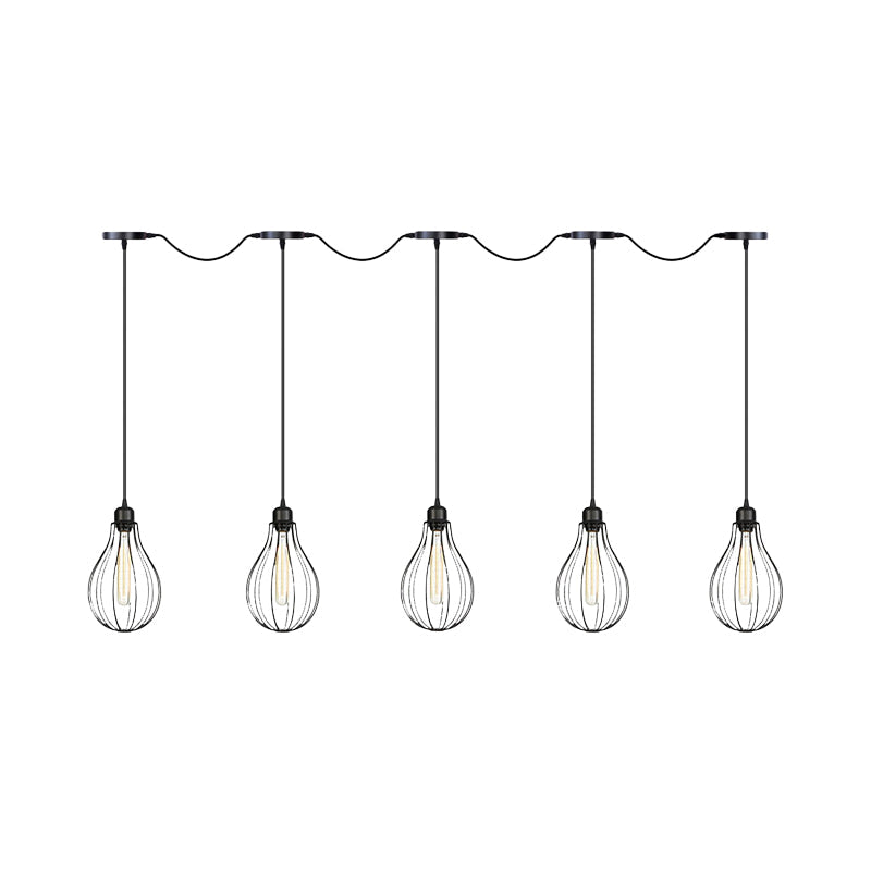 Industrial Pear Cage Pendant Chandelier With 3/5/7 Bulb Multi Light Kit In Black Iron