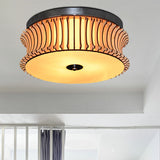 Contemporary Wood Drum Flushmount Lighting With 3 Beige Heads - Ceiling Flush Mount Lamp