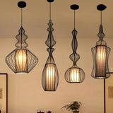 Vintage Black Cage Pendant Lamp With Fabric Shade - Industrial Design For Dining Room Lighting
