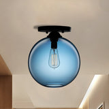 Industrial Style Semi-Flush Ceiling Light With Globe Shade In Red/Brown/Blue Glass For Dining Room