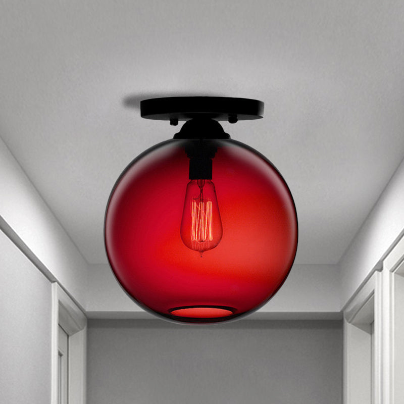 Industrial Style Semi-Flush Ceiling Light With Globe Shade In Red/Brown/Blue Glass For Dining Room
