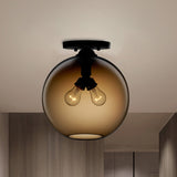 Industrial Style Semi-Flush Ceiling Light With Globe Shade In Red/Brown/Blue Glass For Dining Room
