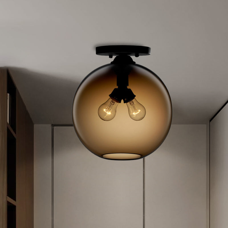 Industrial Style Semi-Flush Ceiling Light With Globe Shade In Red/Brown/Blue Glass For Dining Room