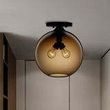 Industrial Style Semi-Flush Ceiling Light With Globe Shade In Red/Brown/Blue Glass For Dining Room