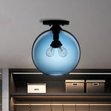 Industrial Style Semi-Flush Ceiling Light With Globe Shade In Red/Brown/Blue Glass For Dining Room