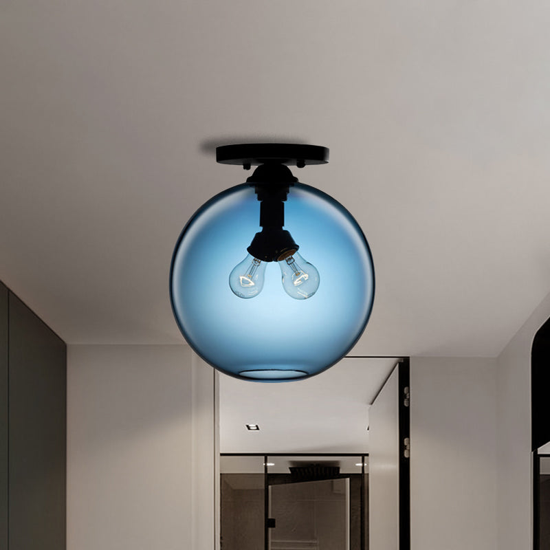 Industrial Style Semi-Flush Ceiling Light With Globe Shade In Red/Brown/Blue Glass For Dining Room