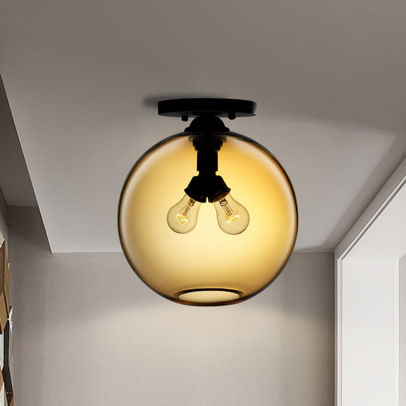 Industrial Style Semi-Flush Ceiling Light With Globe Shade In Red/Brown/Blue Glass For Dining Room