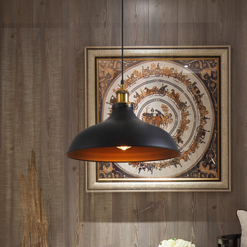 Vintage Style Pendant Lamp- Metal Bowl Ceiling Light Fixture In Black/White For Restaurants