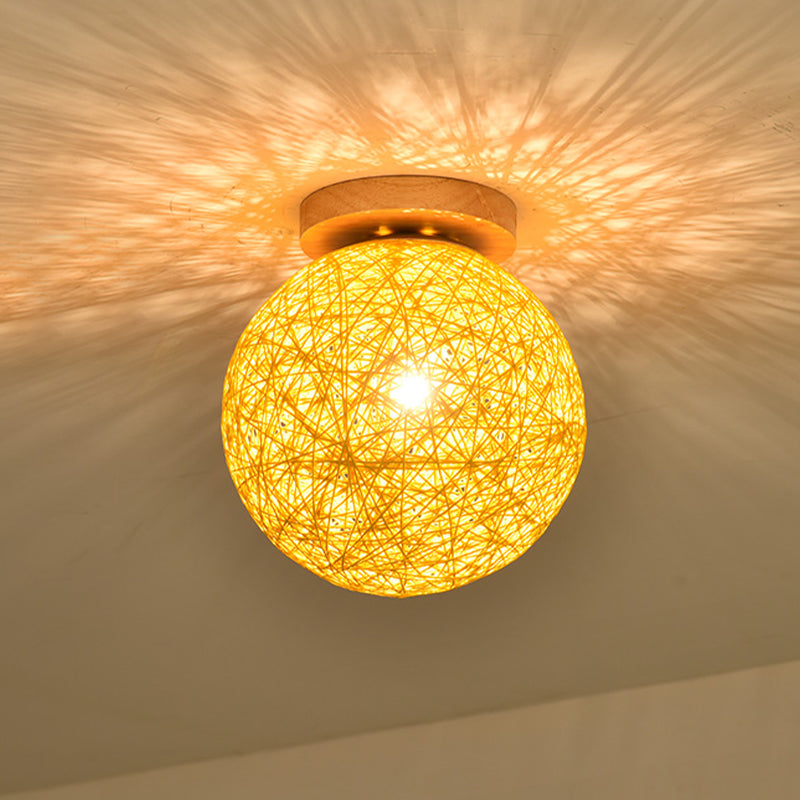 Modernist Rattan Ceiling Mount Light: Blue/Flaxen Globe Shade 6/8 Wide 1 Bulb Flush Lighting For