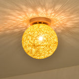 Modernist Rattan Ceiling Mount Light: Blue/Flaxen Globe Shade 6/8 Wide 1 Bulb Flush Lighting For