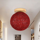 Modernist Rattan Ceiling Mount Light: Blue/Flaxen Globe Shade 6/8 Wide 1 Bulb Flush Lighting For