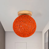 Modernist Rattan Ceiling Mount Light: Blue/Flaxen Globe Shade 6/8 Wide 1 Bulb Flush Lighting For
