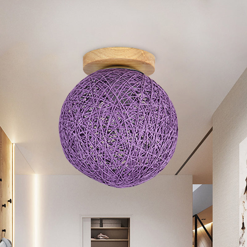 Modernist Rattan Ceiling Mount Light: Blue/Flaxen Globe Shade 6/8 Wide 1 Bulb Flush Lighting For