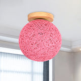Modernist Rattan Ceiling Mount Light: Blue/Flaxen Globe Shade 6/8 Wide 1 Bulb Flush Lighting For