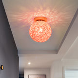 Modernist Rattan Ceiling Mount Light: Blue/Flaxen Globe Shade 6/8 Wide 1 Bulb Flush Lighting For