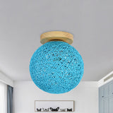 Modernist Rattan Ceiling Mount Light: Blue/Flaxen Globe Shade 6/8 Wide 1 Bulb Flush Lighting For