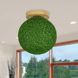 Modernist Rattan Ceiling Mount Light: Blue/Flaxen Globe Shade 6/8 Wide 1 Bulb Flush Lighting For