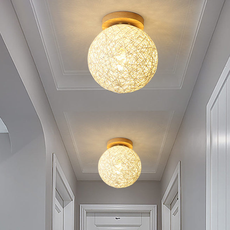 Modernist Rattan Ceiling Mount Light: Blue/Flaxen Globe Shade 6’/8’ Wide 1 Bulb Flush Lighting