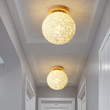 Modernist Rattan Ceiling Mount Light: Blue/Flaxen Globe Shade 6’/8’ Wide 1 Bulb Flush Lighting