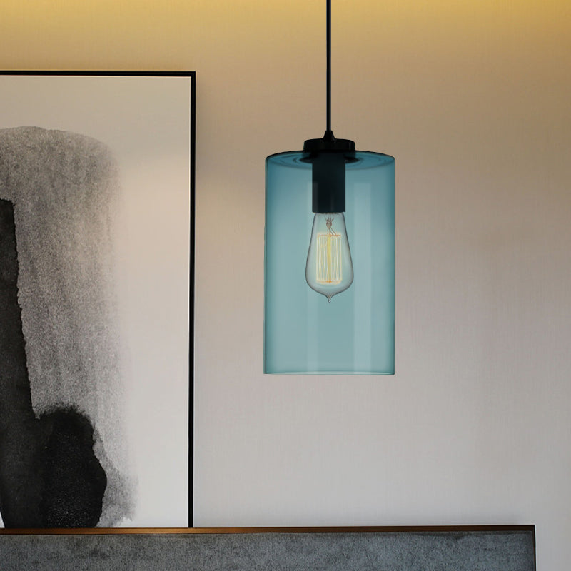 Modern Blue Glass Pendant Lamp With Black Global Shape - 1 Light Ceiling