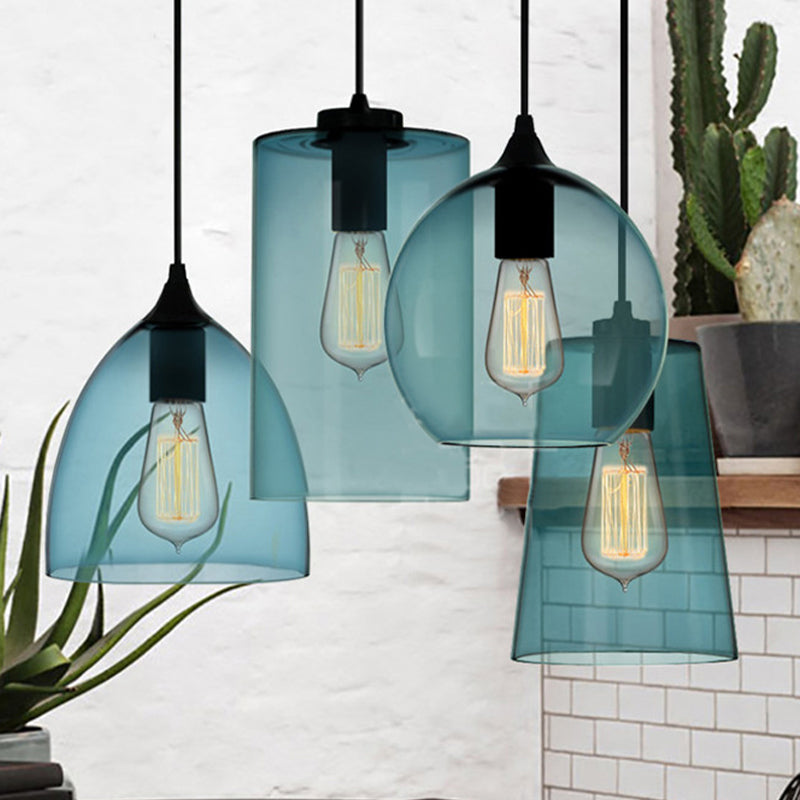 Modern Blue Glass Pendant Lamp With Black Global Shape - 1 Light Ceiling