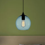 Modern Blue Glass Pendant Lamp With Black Global Shape - 1 Light Ceiling