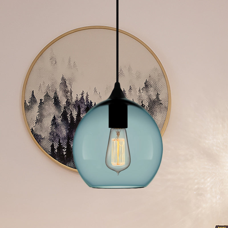 Modern Blue Glass Pendant Lamp With Black Global Shape - 1 Light Ceiling