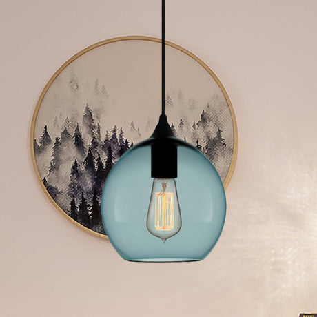 Modern Blue Glass Pendant Lamp With Black Global Shape - 1 Light Ceiling