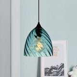 Modern Blue Glass Pendant Light With Unique Lattice Design And Black Ceiling Mount