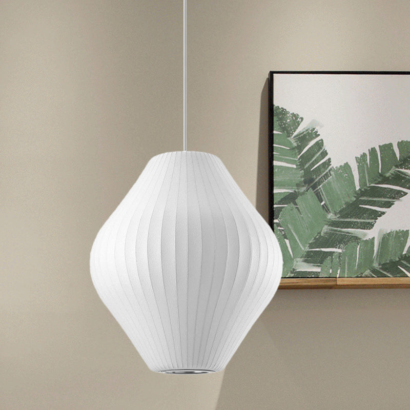 Contemporary White Pendant Light With Pear Fabric Shade - 1 Bulb 12.5/17W / 12.5