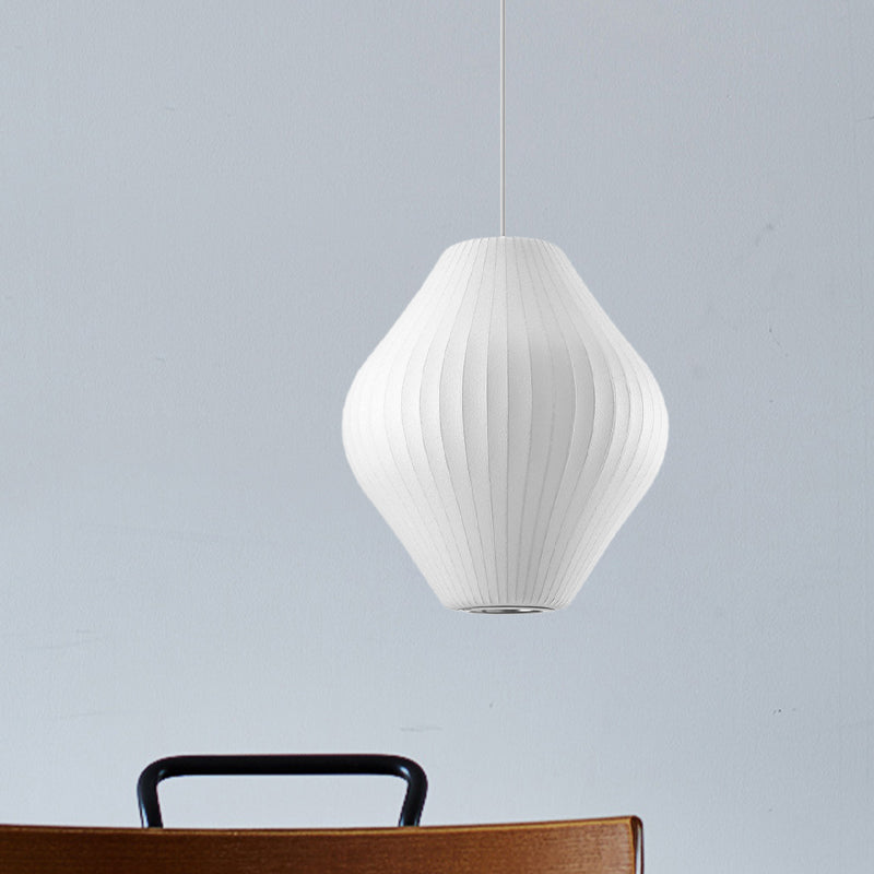 Contemporary White Pendant Light With Pear Fabric Shade - 1 Bulb 12.5/17W