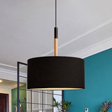 Simple Fabric Drum Ceiling Pendant Light - 10/16 Dia 1 White/Black Hanging Lamp Kit Black / 10