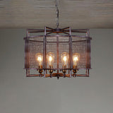 Rustic Loft Metal Mesh Drum Chandelier - Farmhouse Hanging Lamp With Multi Lighting In Rust