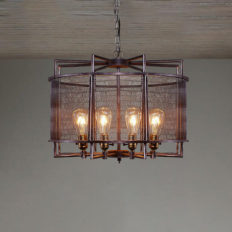 Rustic Loft Metal Mesh Drum Chandelier - Farmhouse Hanging Lamp With Multi Lighting In Rust