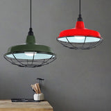 Barn Indoor Hanging Ceiling Light With Wire Guard - Farmhouse Metal Pendant (Green/Red)