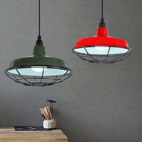 Barn Indoor Hanging Ceiling Light With Wire Guard - Farmhouse Metal Pendant (Green/Red)