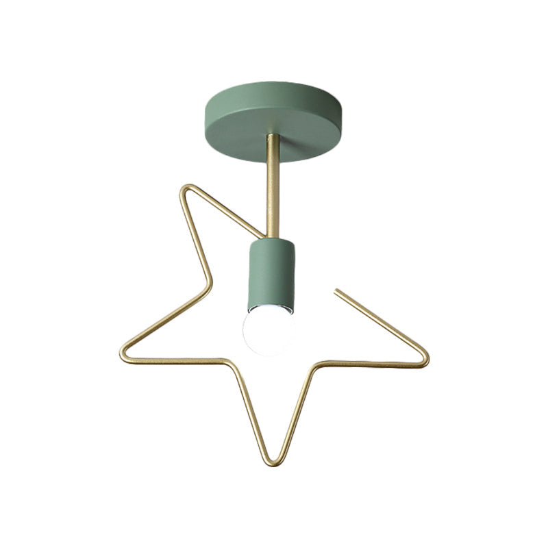 Semi Flush Macaron Iron Ceiling Light With Star/Loving Heart Frame - 1-Light Grey/White/Green Finish