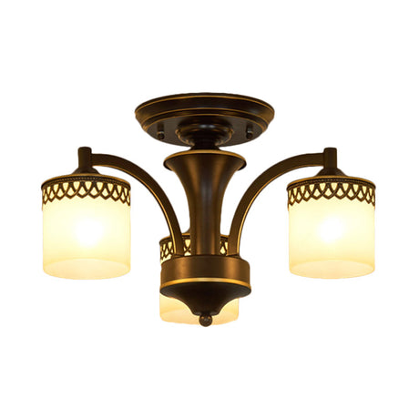 Classic Black Semi Mount Cylinder Ceiling Light Fixture With Twisted Arm - 3/6 Bulbs Tan Glass
