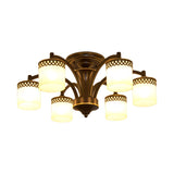 Classic Black Semi Mount Cylinder Ceiling Light Fixture With Twisted Arm - 3/6 Bulbs Tan Glass
