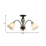 Black Flower Semi Flush Frosted Glass Ceiling Mount With Curved Arm - Countryside Style 3/6/8 Heads