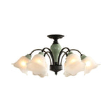 Black Flower Semi Flush Frosted Glass Ceiling Mount With Curved Arm - Countryside Style 3/6/8 Heads