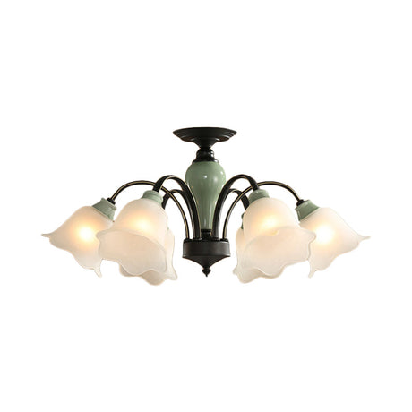 Black Flower Semi Flush Frosted Glass Ceiling Mount With Curved Arm - Countryside Style 3/6/8 Heads