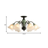 Black Flower Semi Flush Frosted Glass Ceiling Mount With Curved Arm - Countryside Style 3/6/8 Heads