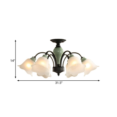 Black Flower Semi Flush Frosted Glass Ceiling Mount With Curved Arm - Countryside Style 3/6/8 Heads