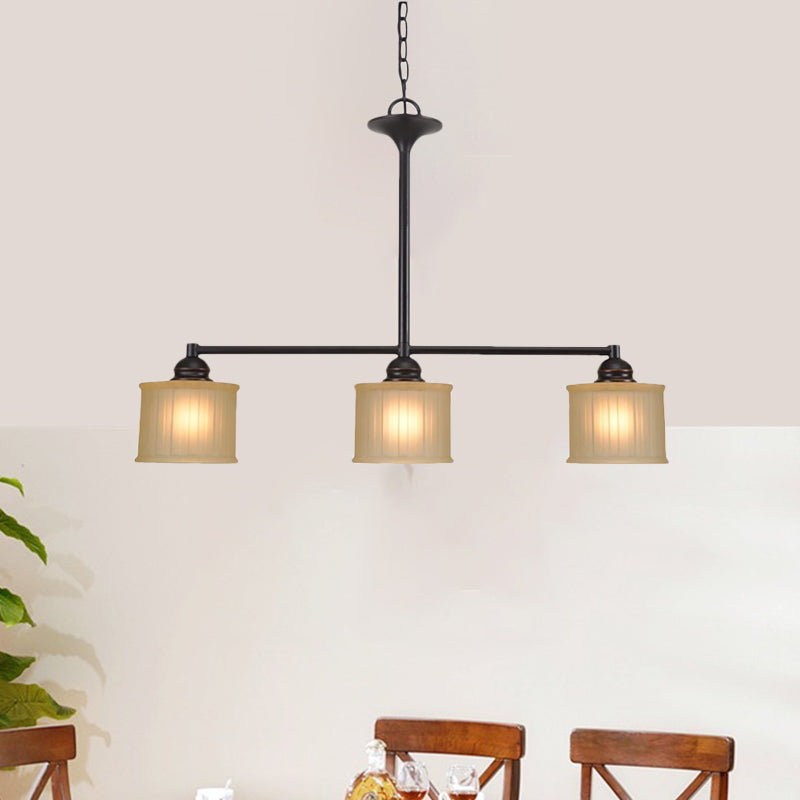 Traditional 3-Head Island Light In Tan Glass & Black Drum Design For Dining Room