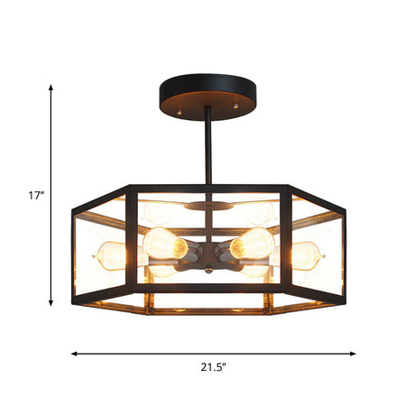 Antique Black Hexagon Semi Flush Light Fixture - 6 Lights Clear Glass Close To Ceiling Lamp