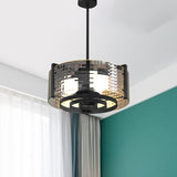 Vintage Black 3-Head Semi Flush Mount Ceiling Lamp With Clear Glass Drum And Trellis/Stripe Design /