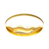 Kids Style Super Thin Led Flush-Mount Ceiling Light With Fish/Apple Pattern In Gold - Acrylic