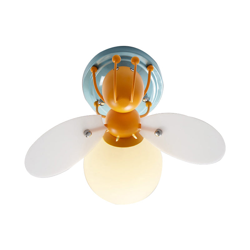 Childrens Firefly White Glass Flush Mount Light With 1 Orange Bulb - Ideal For Corridors