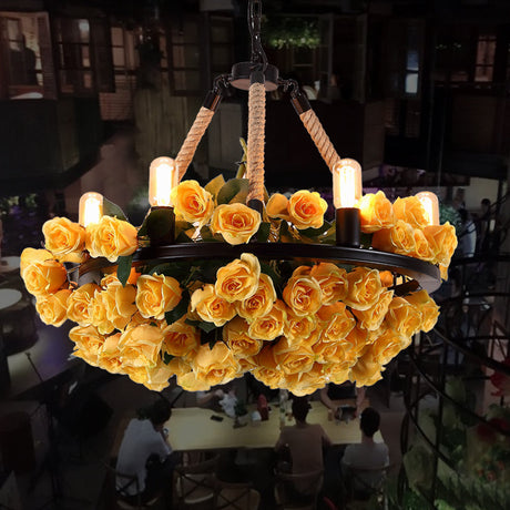 Azaleh - Circle Metal Ceiling Chandelier Loft Style 6 Bulbs Rope Pendant Lighting Fixture With
